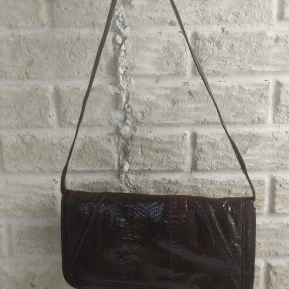 Snakeskin Leather Purse Convertible Shoulder Bag To Clutch Brown - Picture 10 of 12